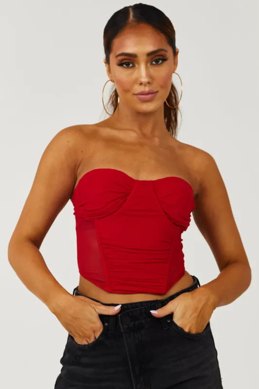 Cherry Red Mesh Strapless Corset Crop Top sold by Lime Lush