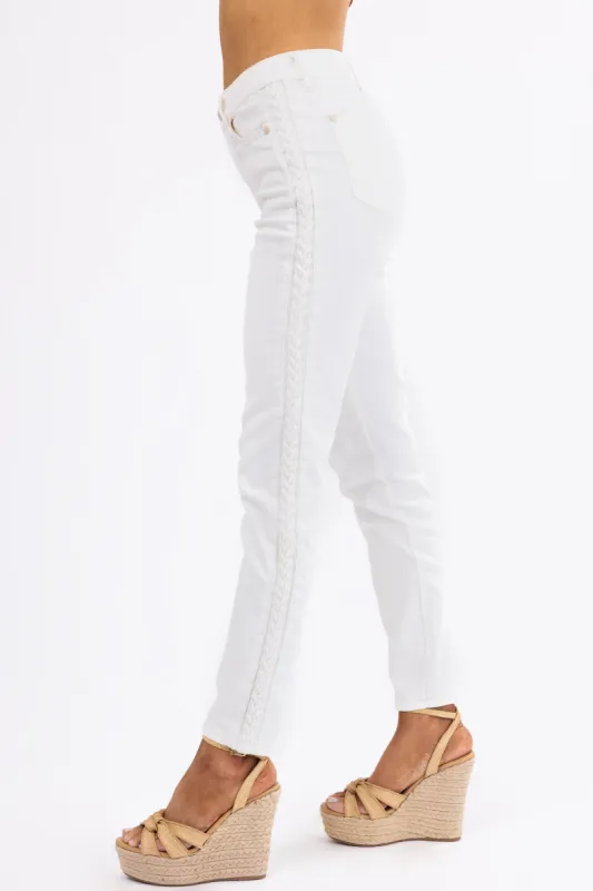 Judy Blue Off White Braided Relaxed Skinny Jeans made by Lime Lush