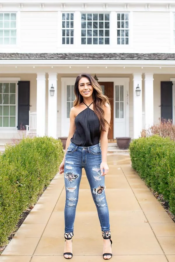 KanCan Midwash Skinny Jeans with Leopard Cuffed Hem and Patches sold by Lime Lush product image thumbnail 5