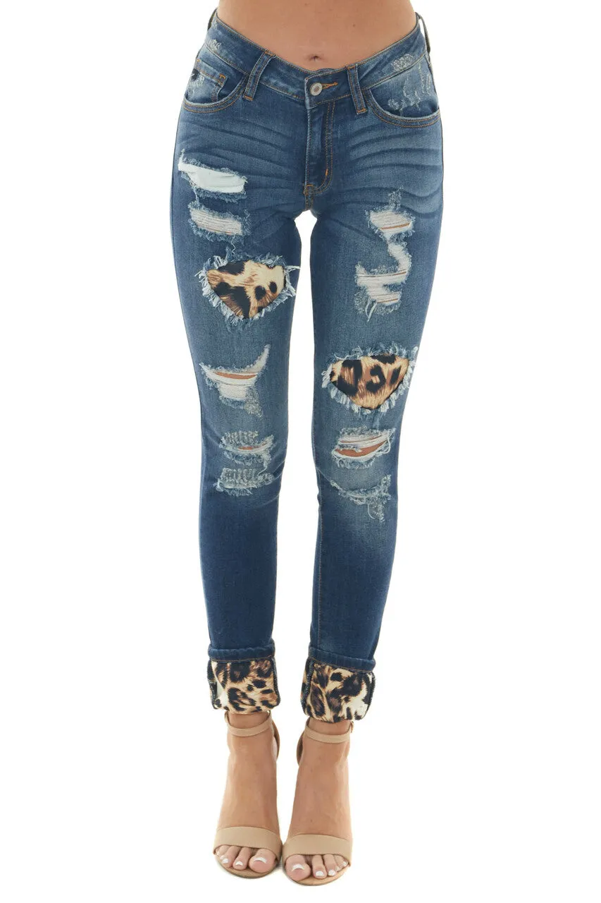 KanCan Midwash Skinny Jeans with Leopard Cuffed Hem and Patches sold by Lime Lush