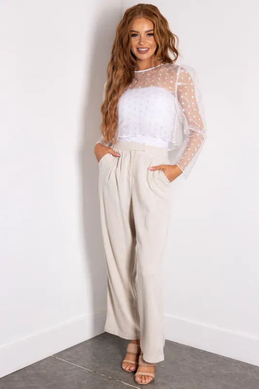 Oatmeal Pleated Straight Leg Linen Pants sold by Lime Lush