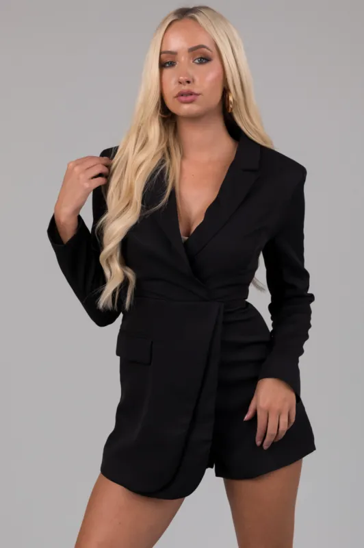 Black Long Sleeve Collared Blazer Romper sold by Lime Lush