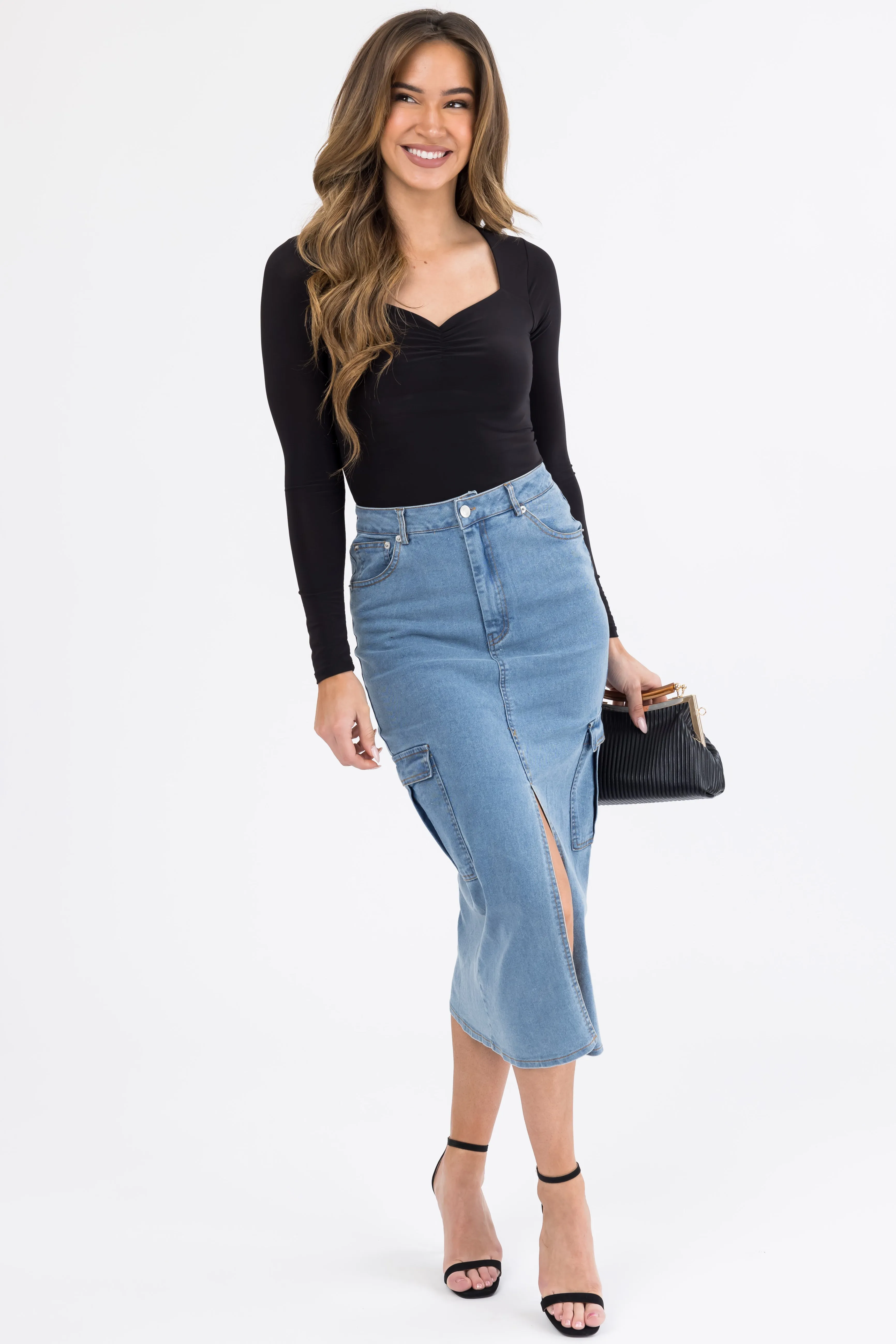 Medium Wash Denim Midi Skirt with Slit sold by Lime Lush product image thumbnail 5