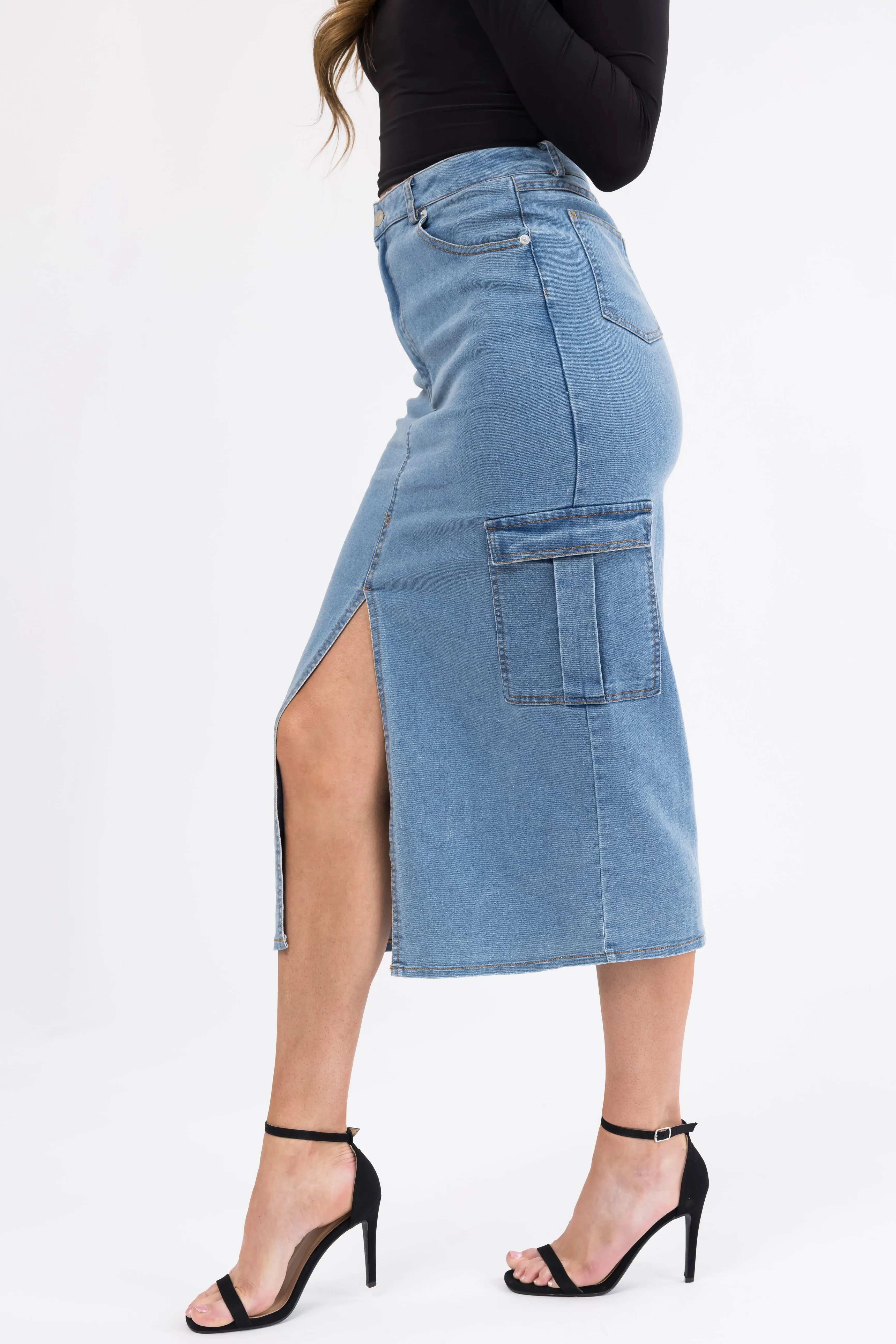 Medium Wash Denim Midi Skirt with Slit sold by Lime Lush product image thumbnail 3