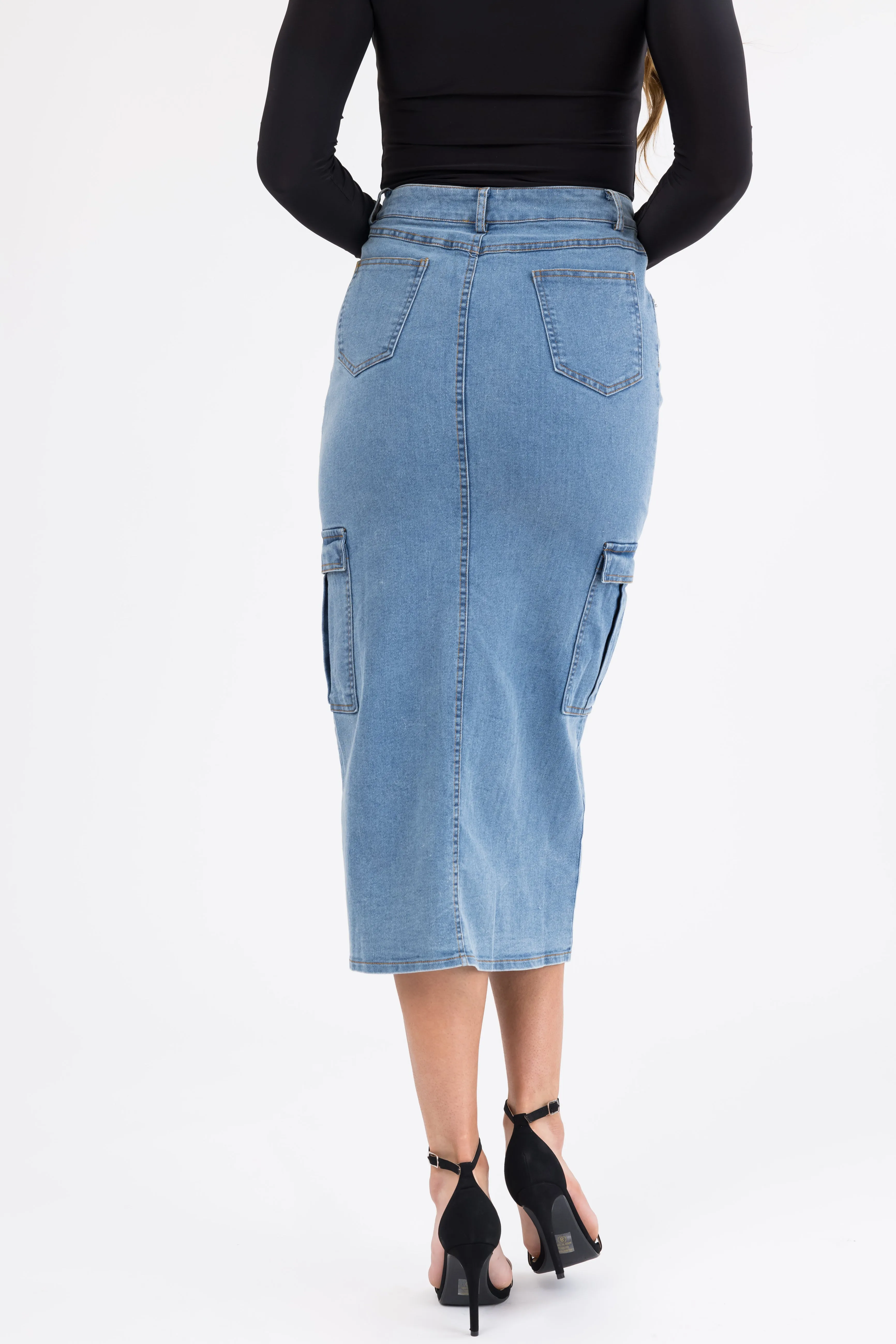 Medium Wash Denim Midi Skirt with Slit sold by Lime Lush product image thumbnail 4