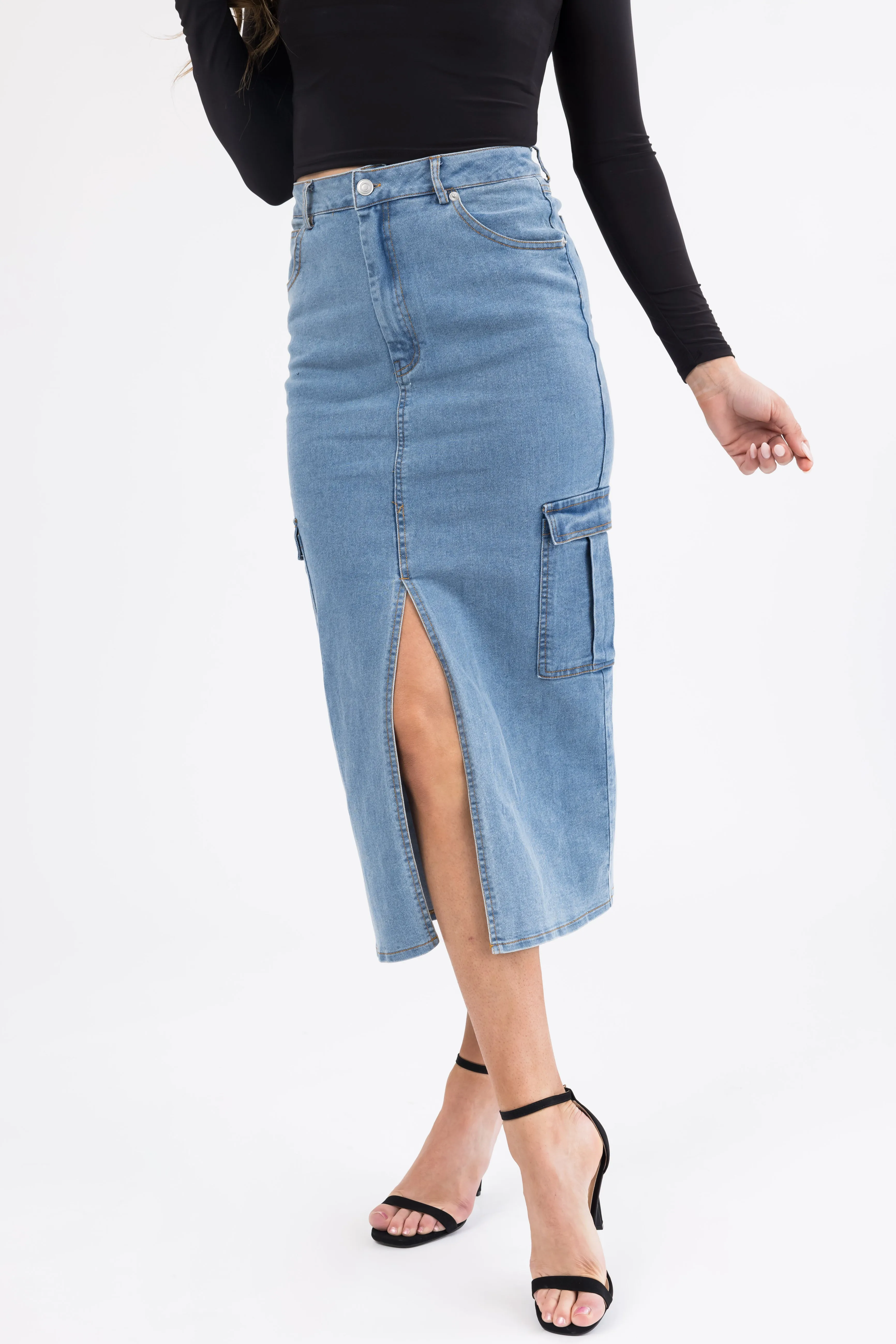 Medium Wash Denim Midi Skirt with Slit sold by Lime Lush product image thumbnail 2