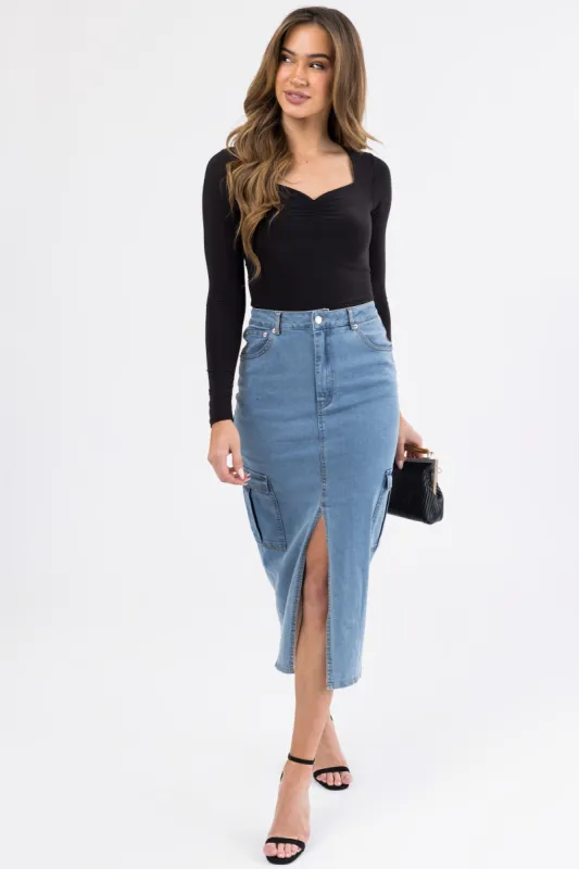 Medium Wash Denim Midi Skirt with Slit sold by Lime Lush