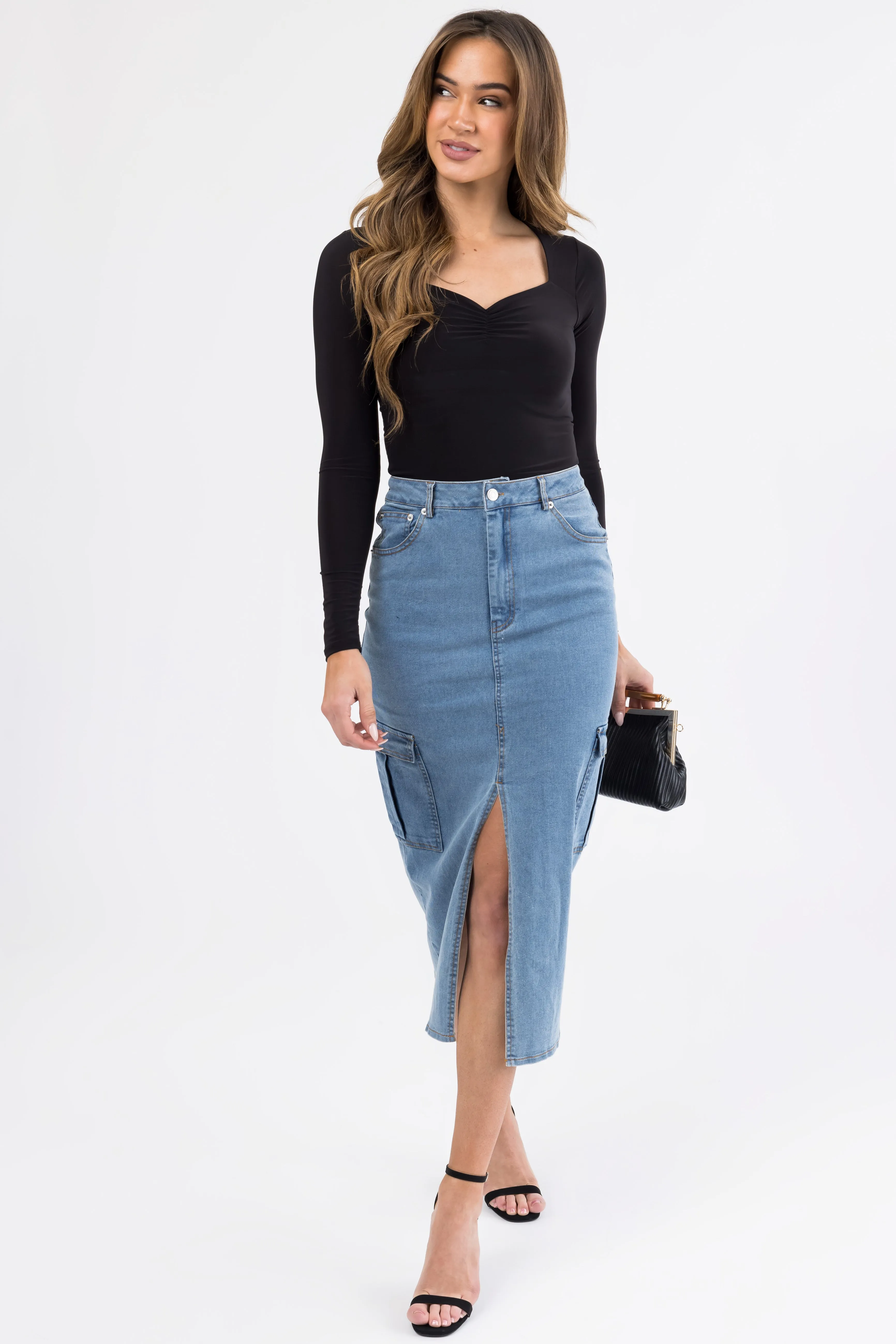 Medium Wash Denim Midi Skirt with Slit sold by Lime Lush