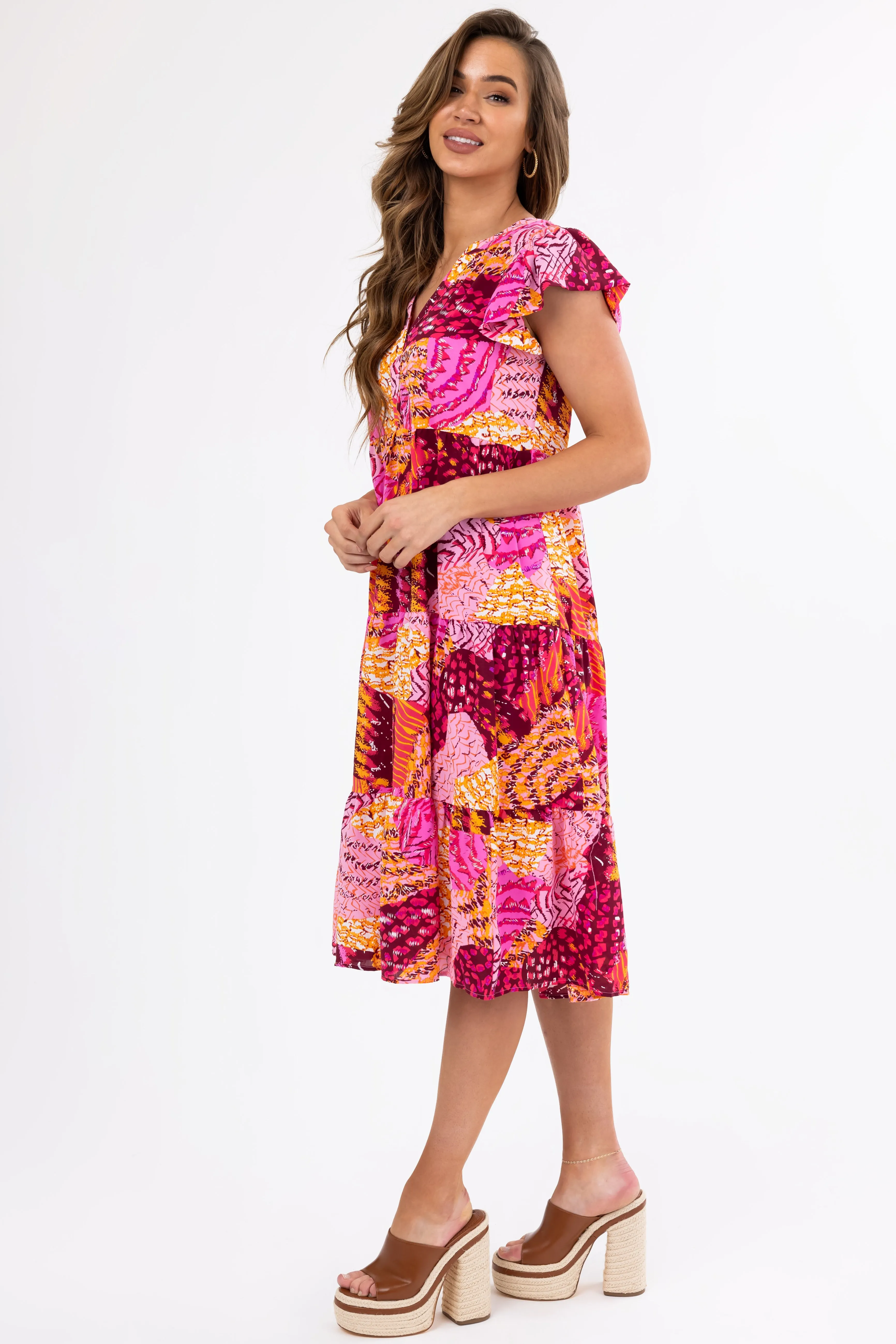 Fuchsia Abstract Print Short Sleeve Midi Dress sold by Lime Lush product image thumbnail 4