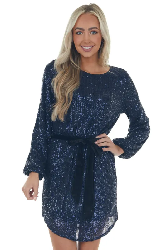Navy Sequin Bubble Sleeve Velvet Belt Dress made by Lime Lush