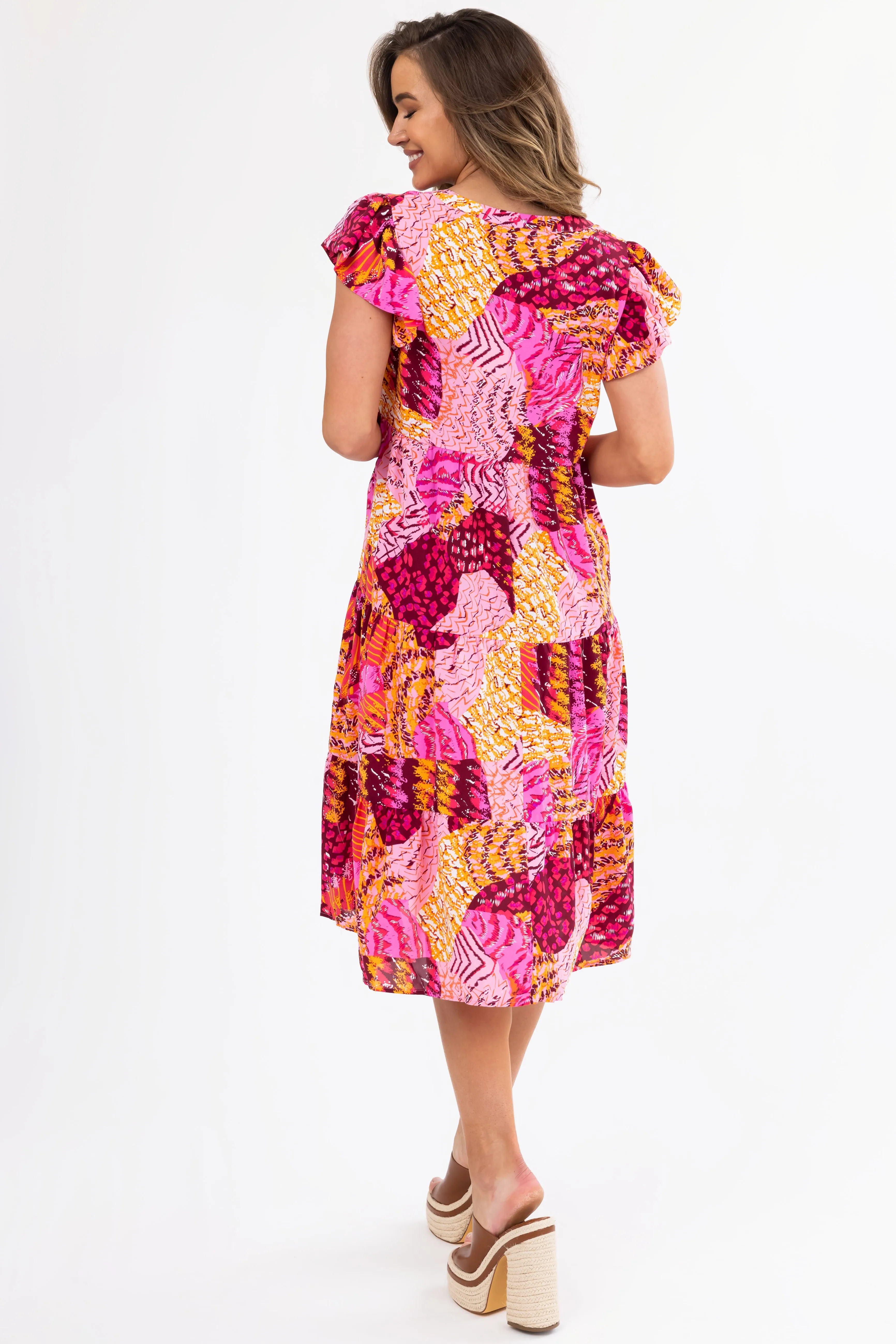 Fuchsia Abstract Print Short Sleeve Midi Dress sold by Lime Lush product image thumbnail 5