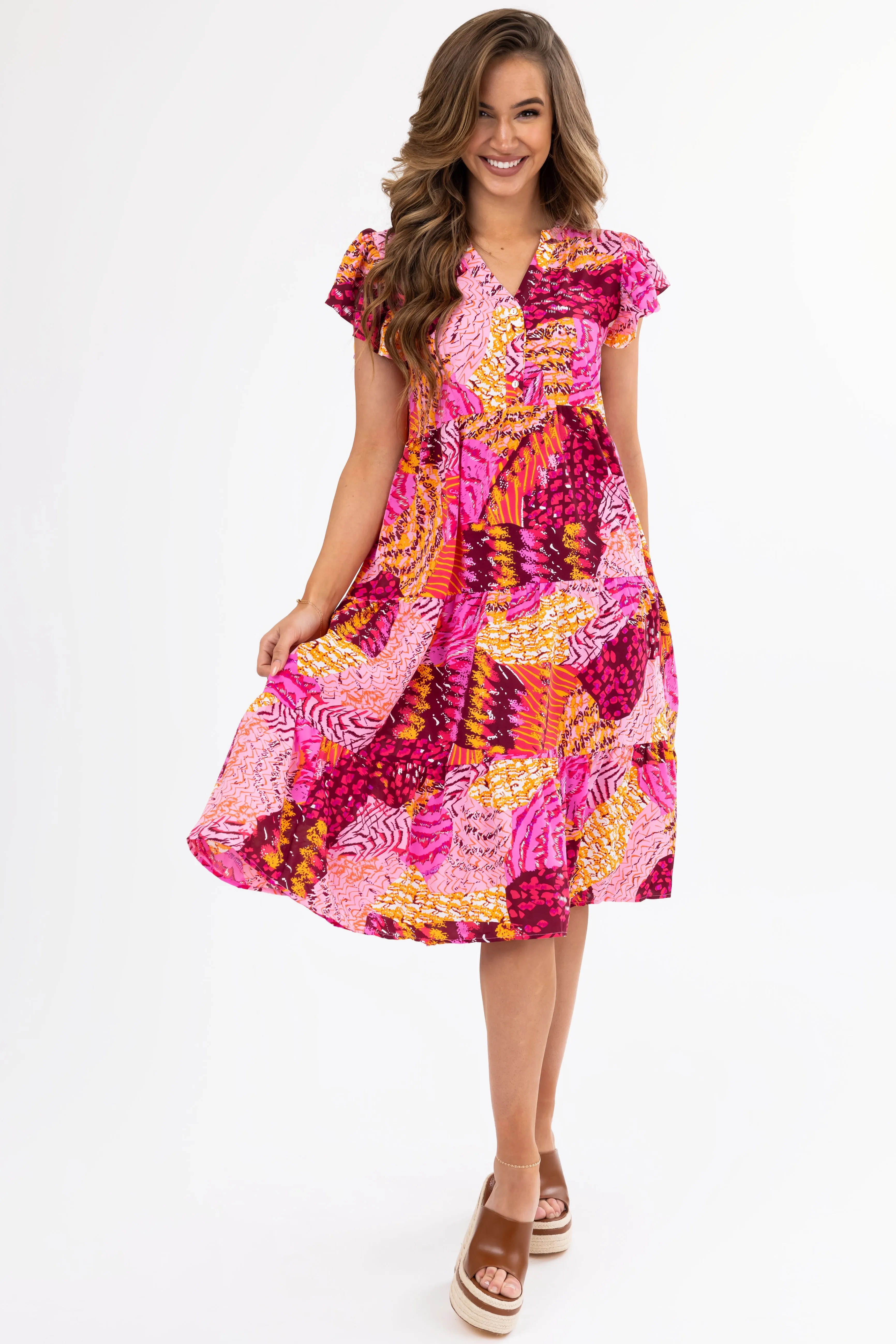 Fuchsia Abstract Print Short Sleeve Midi Dress sold by Lime Lush