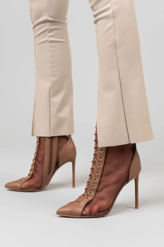 Mocha Sheer Mesh Lace Up Stiletto Booties sold by Lime Lush