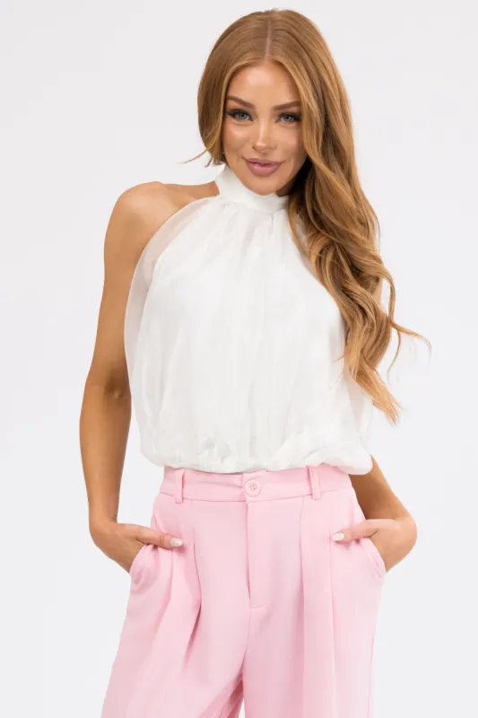 Ivory Halter Bow Tie Organza Fabric Bodysuit sold by Lime Lush