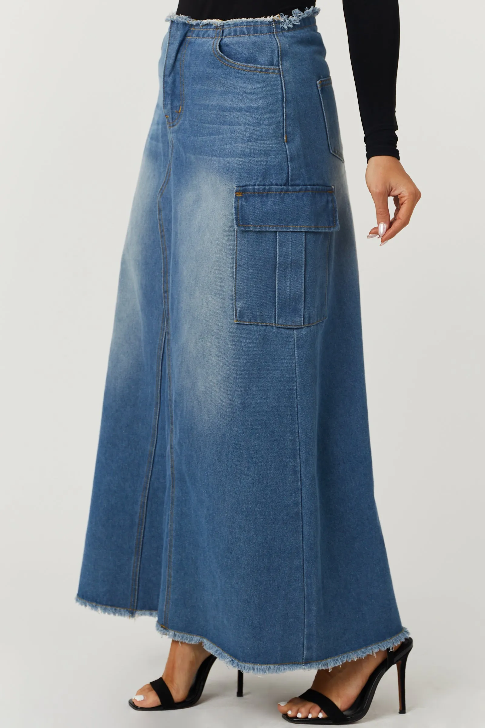 Medium Denim Cargo Pocket Frayed Maxi Skirt sold by Lime Lush product image thumbnail 3