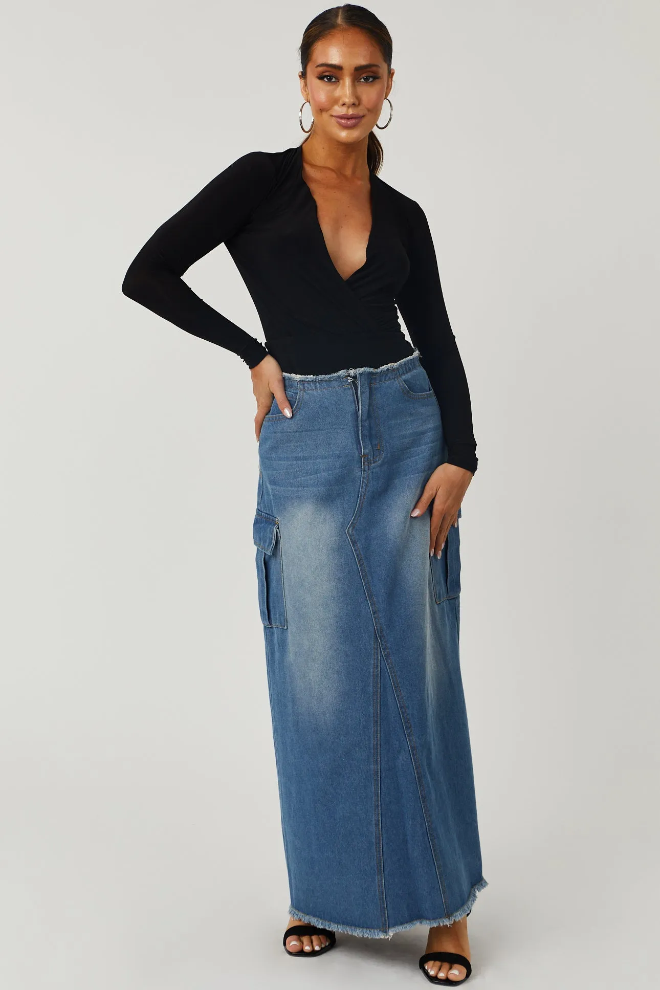 Medium Denim Cargo Pocket Frayed Maxi Skirt sold by Lime Lush