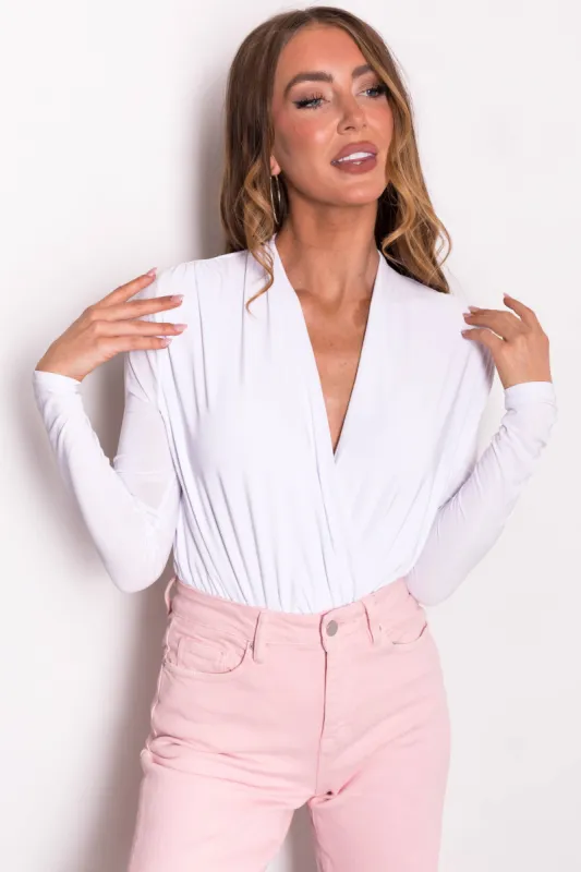 White Surplice Long Sleeve Silky Knit Bodysuit sold by Lime Lush