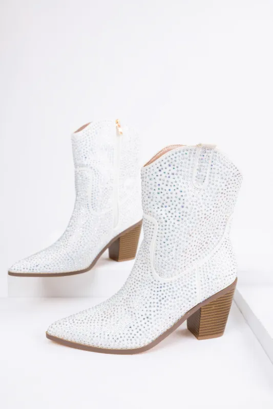 White Rhinestone Embellished Pointed Toe Booties sold by Lime Lush