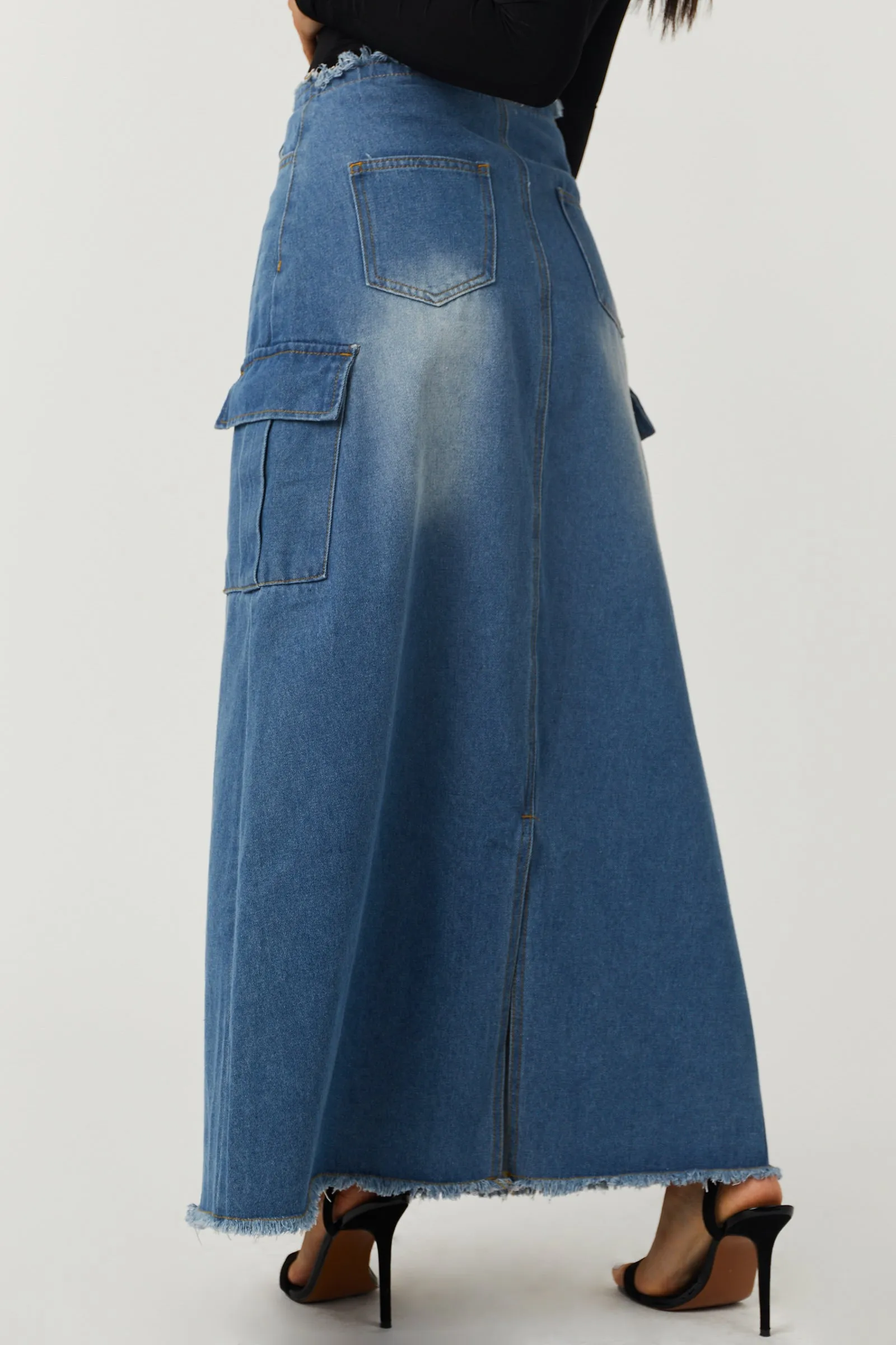 Medium Denim Cargo Pocket Frayed Maxi Skirt sold by Lime Lush product image thumbnail 4