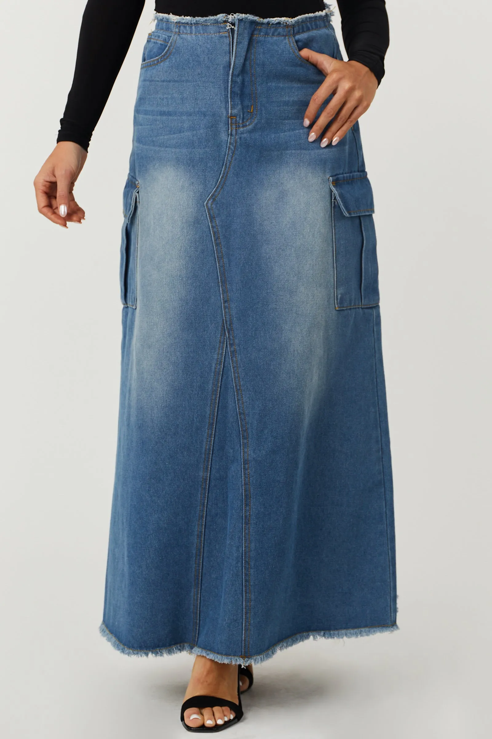 Medium Denim Cargo Pocket Frayed Maxi Skirt sold by Lime Lush product image thumbnail 2