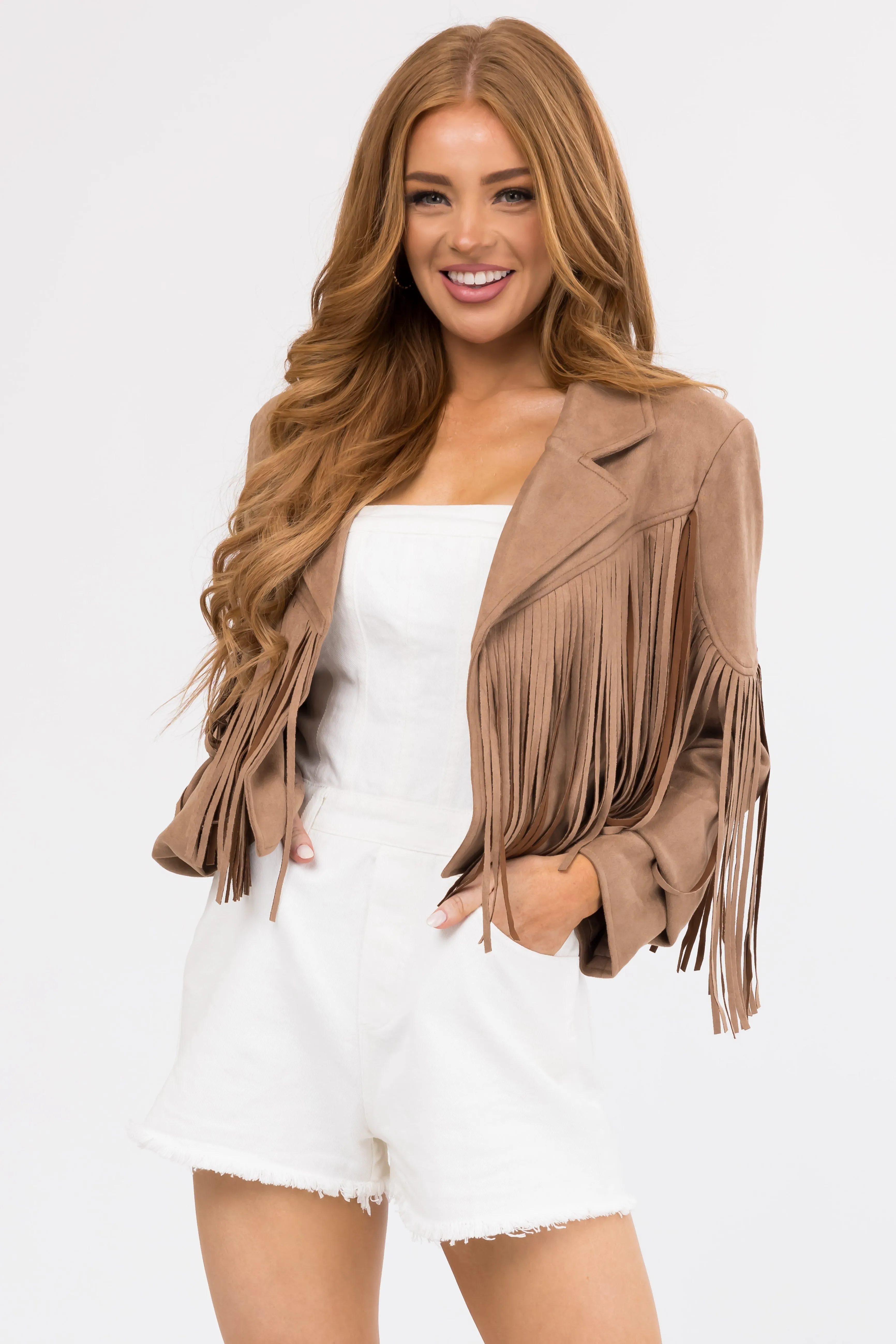 Cognac Faux Suede Fringe Open Front Jacket sold by Lime Lush