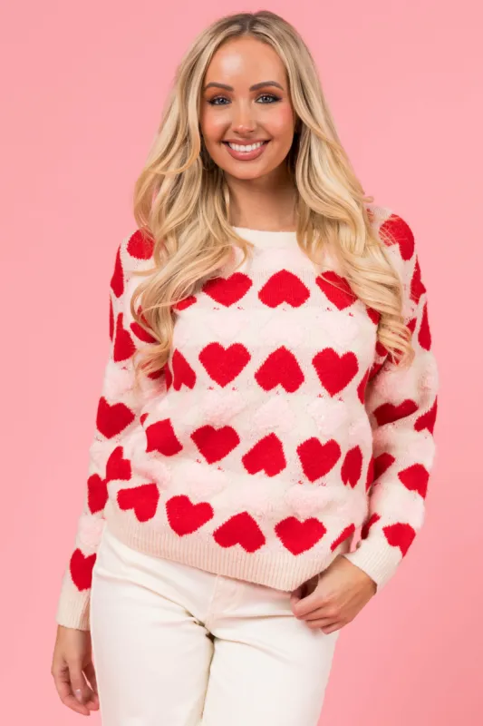 Cream Heart Print Fuzzy Knit Sweater sold by Lime Lush