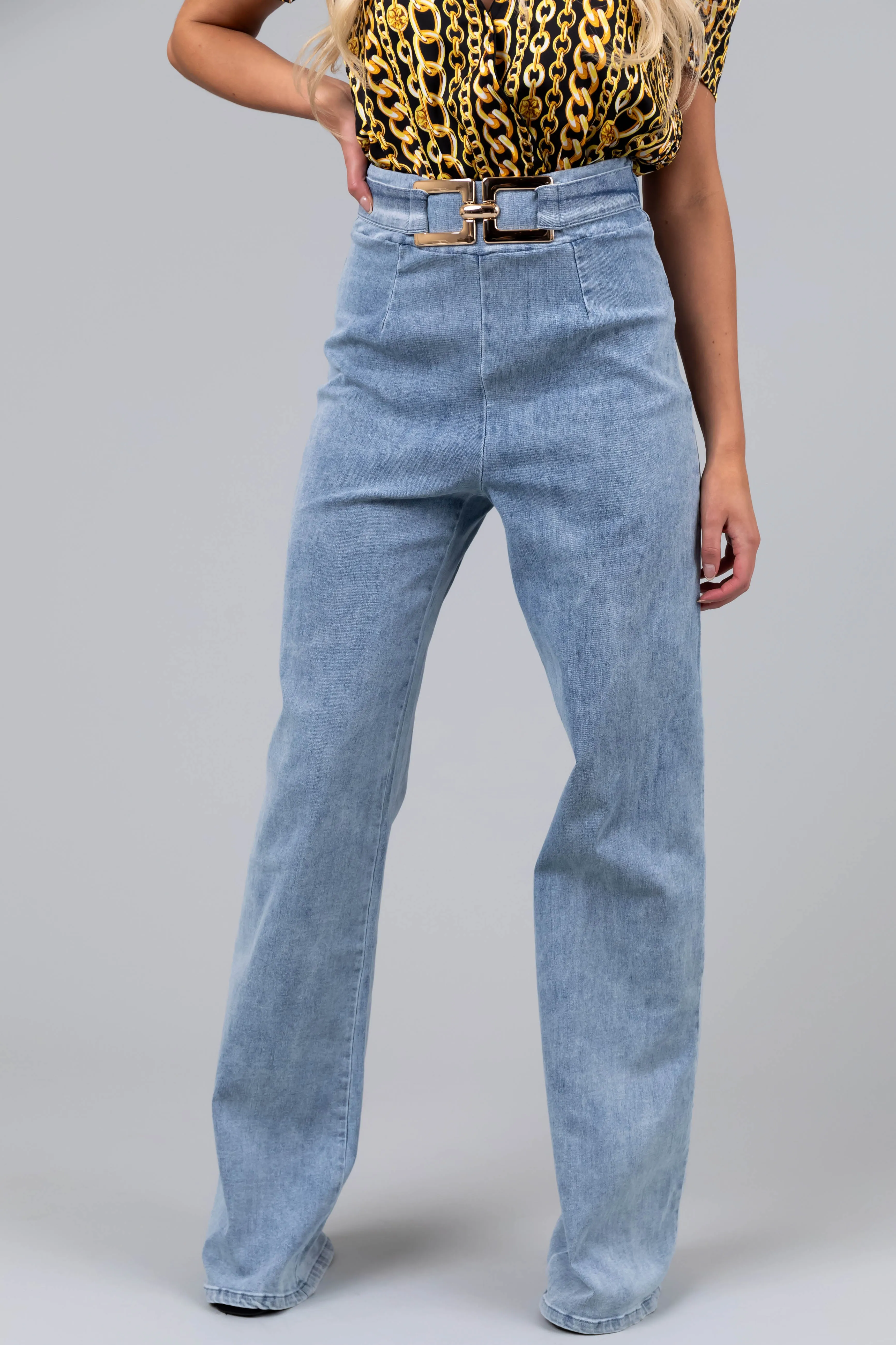 Light Wash Gold Belted Super Stretchy Jeans sold by Lime Lush product image thumbnail 3