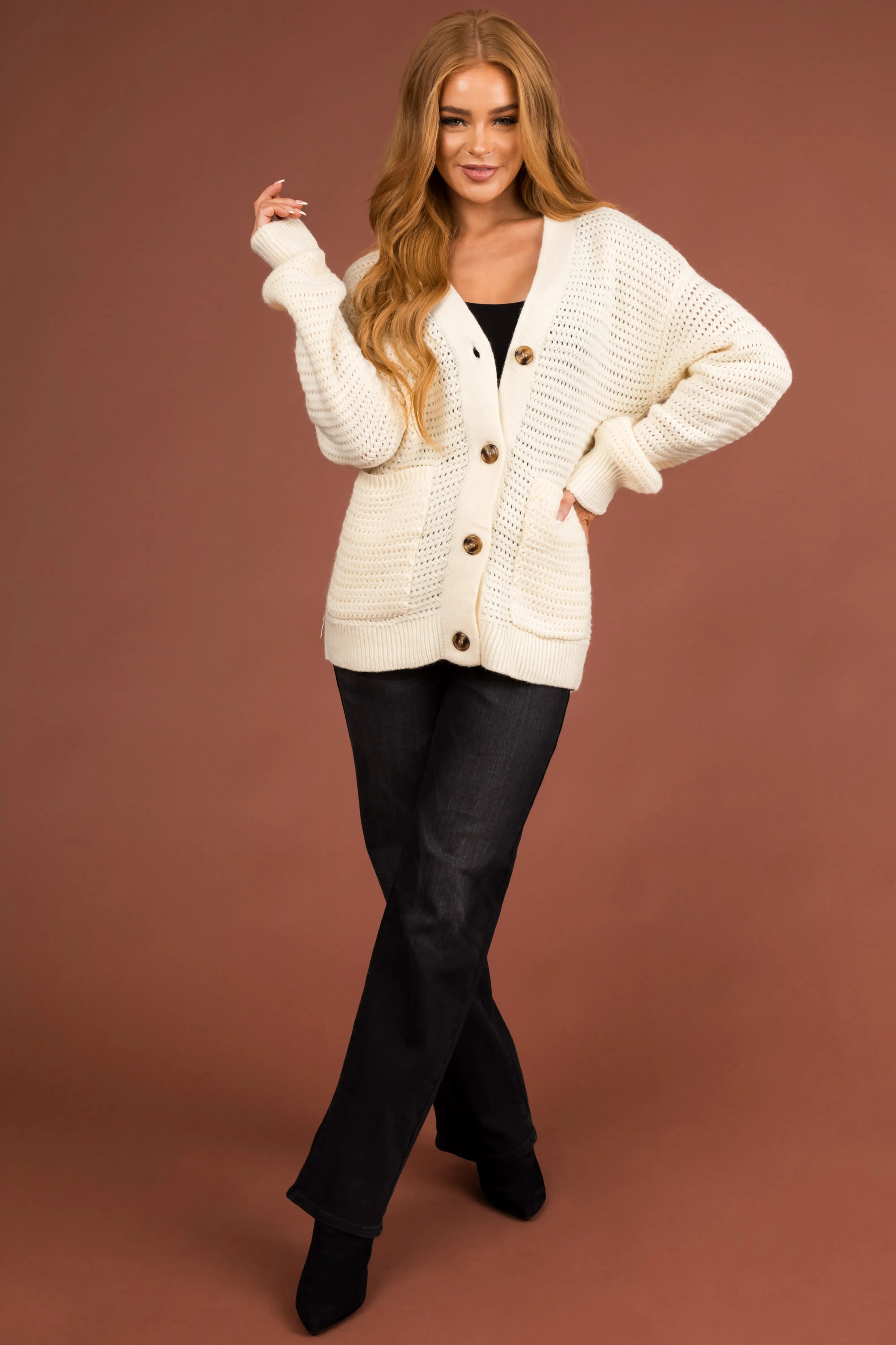 Cream Crochet Knit Button Up Cardigan sold by Lime Lush product image thumbnail 4