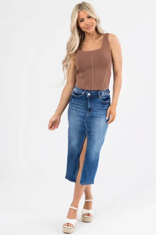 Dark Denim Slit Hem Crossover Midi Skirt sold by Lime Lush
