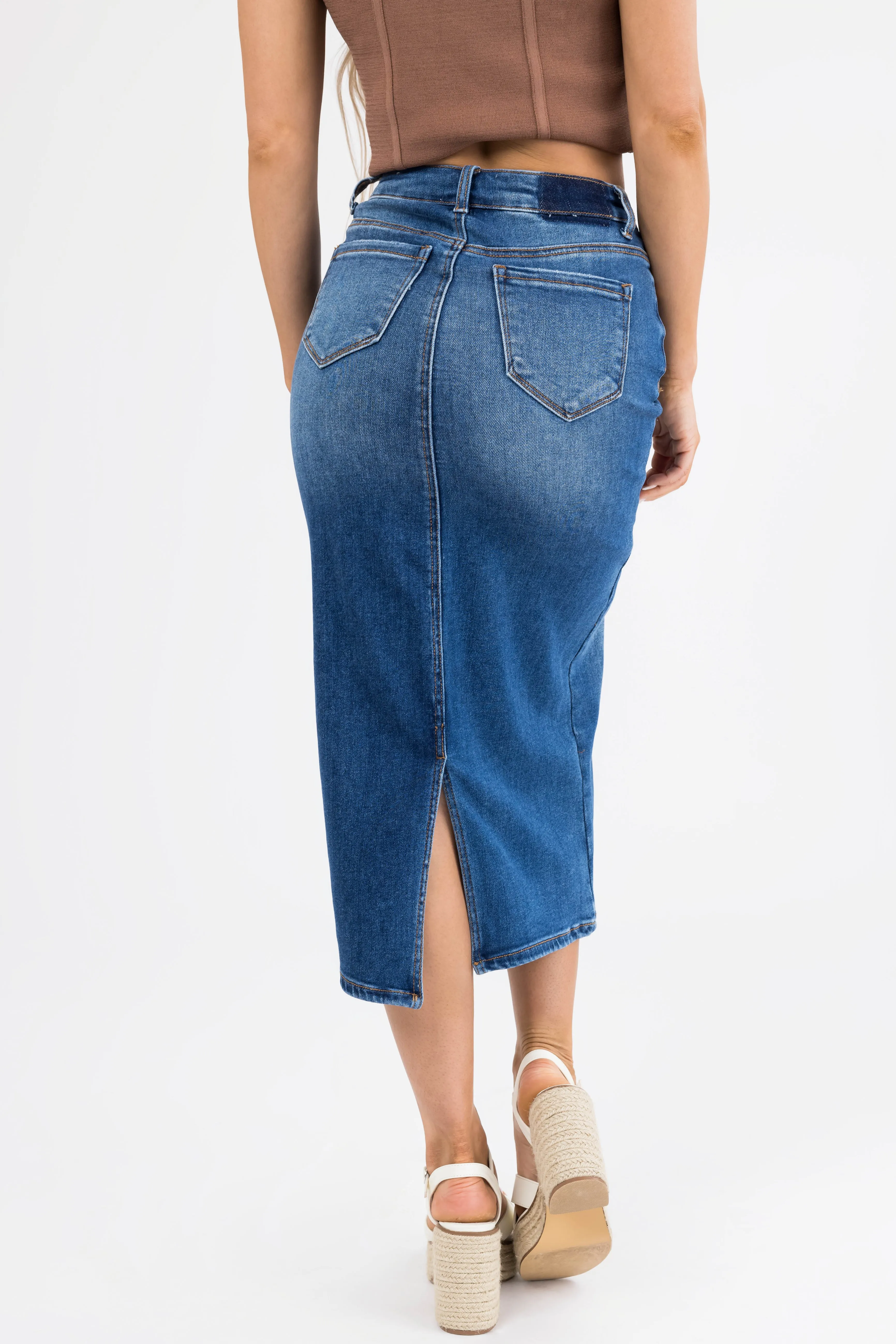 Dark Denim Slit Hem Crossover Midi Skirt sold by Lime Lush product image thumbnail 5