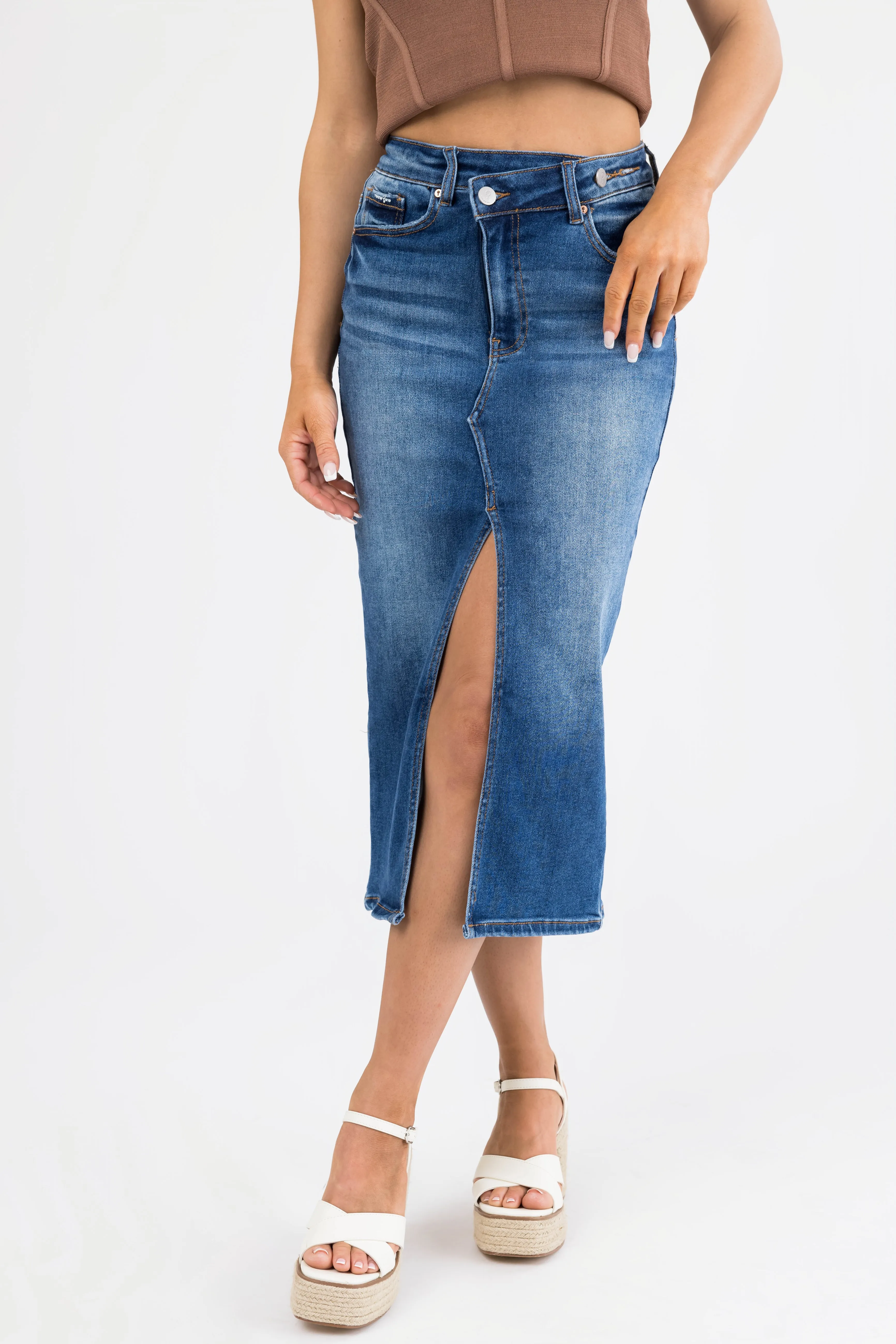 Dark Denim Slit Hem Crossover Midi Skirt sold by Lime Lush product image thumbnail 3