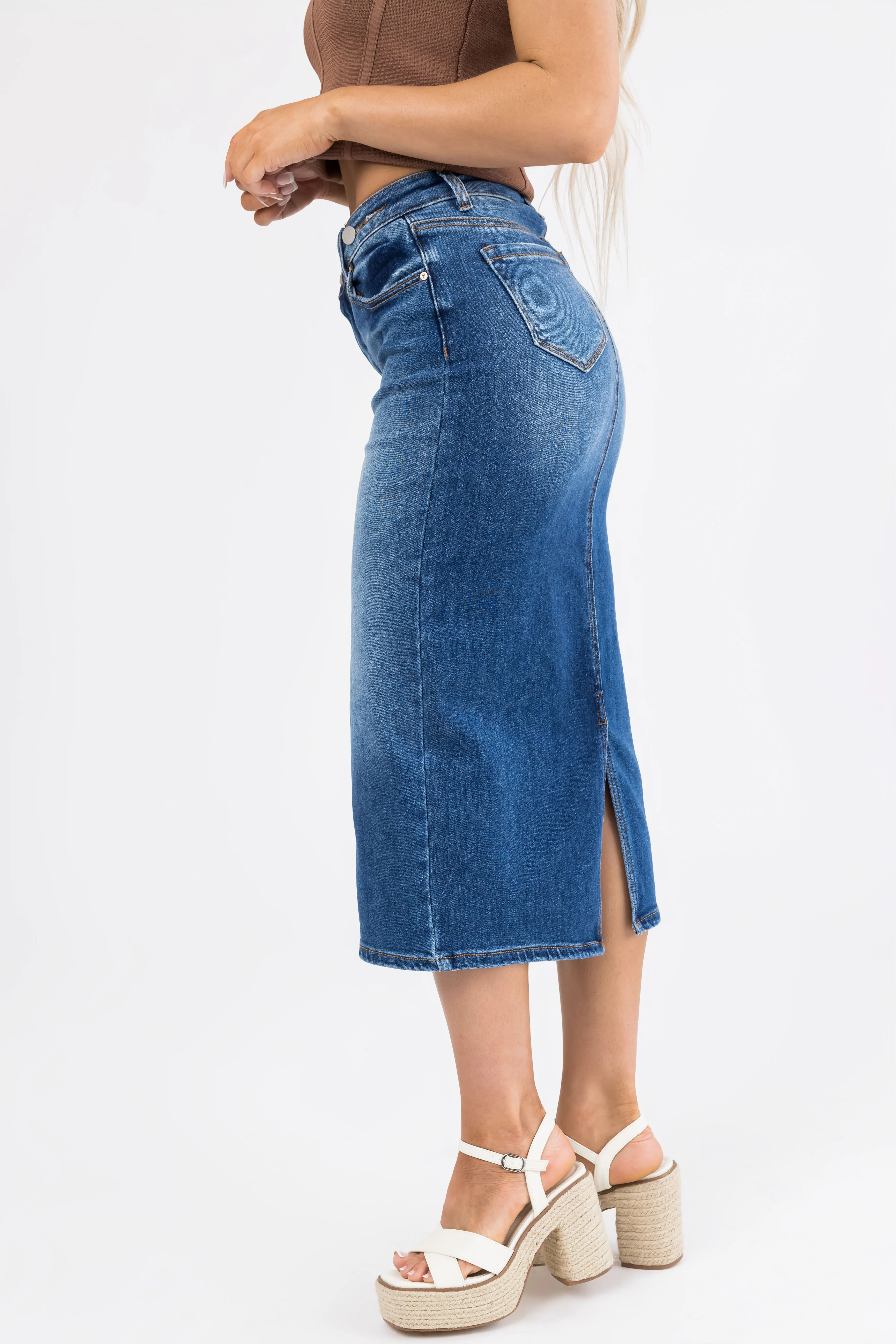 Dark Denim Slit Hem Crossover Midi Skirt sold by Lime Lush product image thumbnail 4