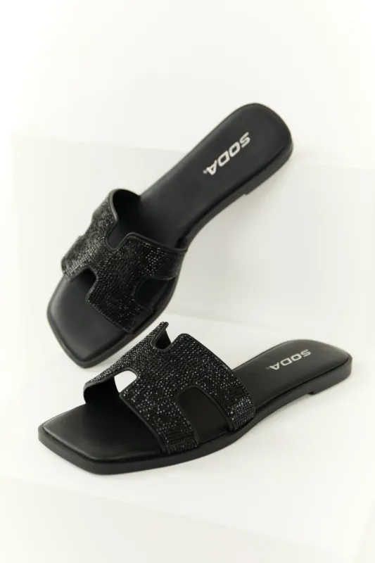 Black Rhinestone Open Toed Slip On Sandals sold by Lime Lush