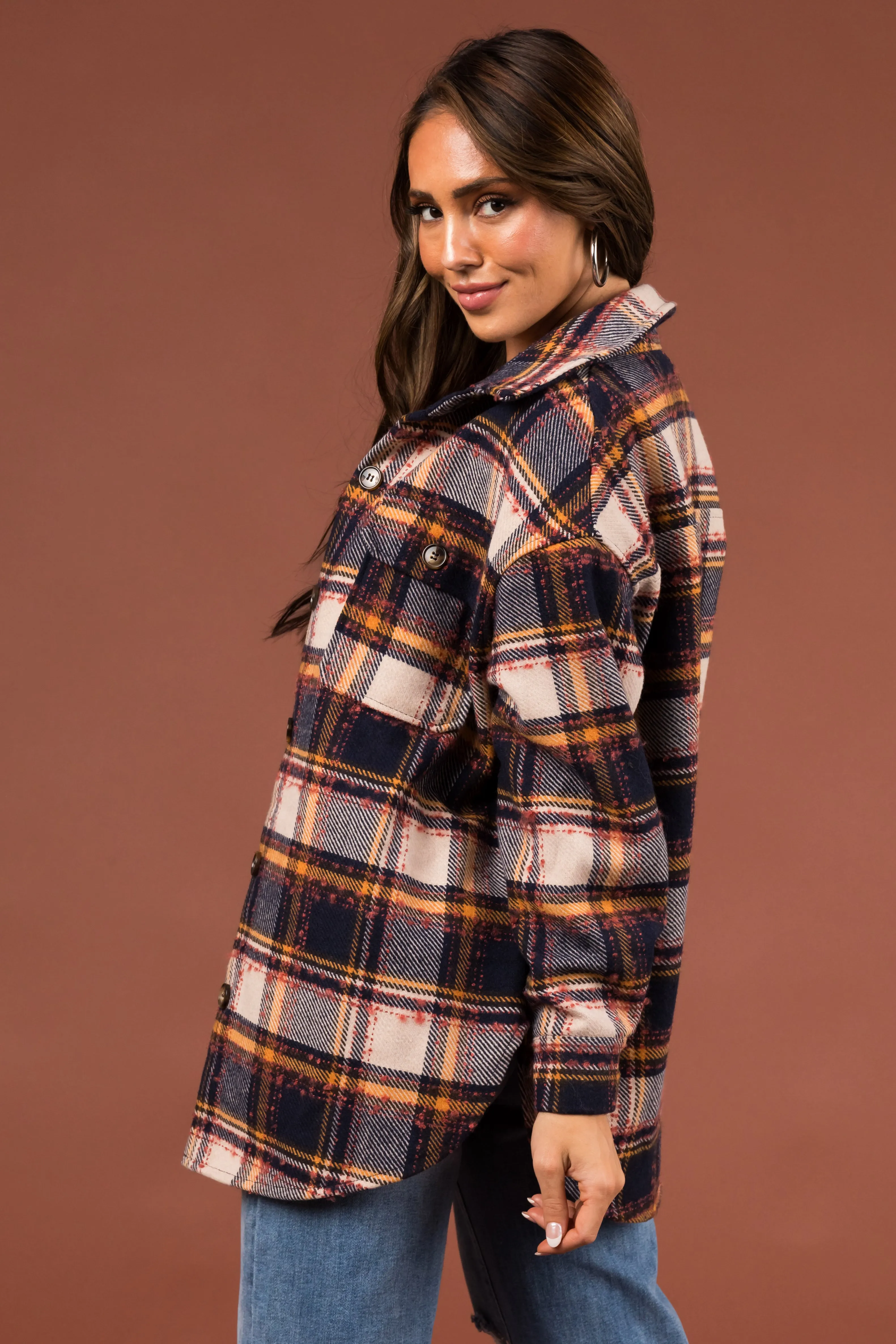 Navy and Champagne Plaid Long Sleeve Shacket sold by Lime Lush product image thumbnail 5