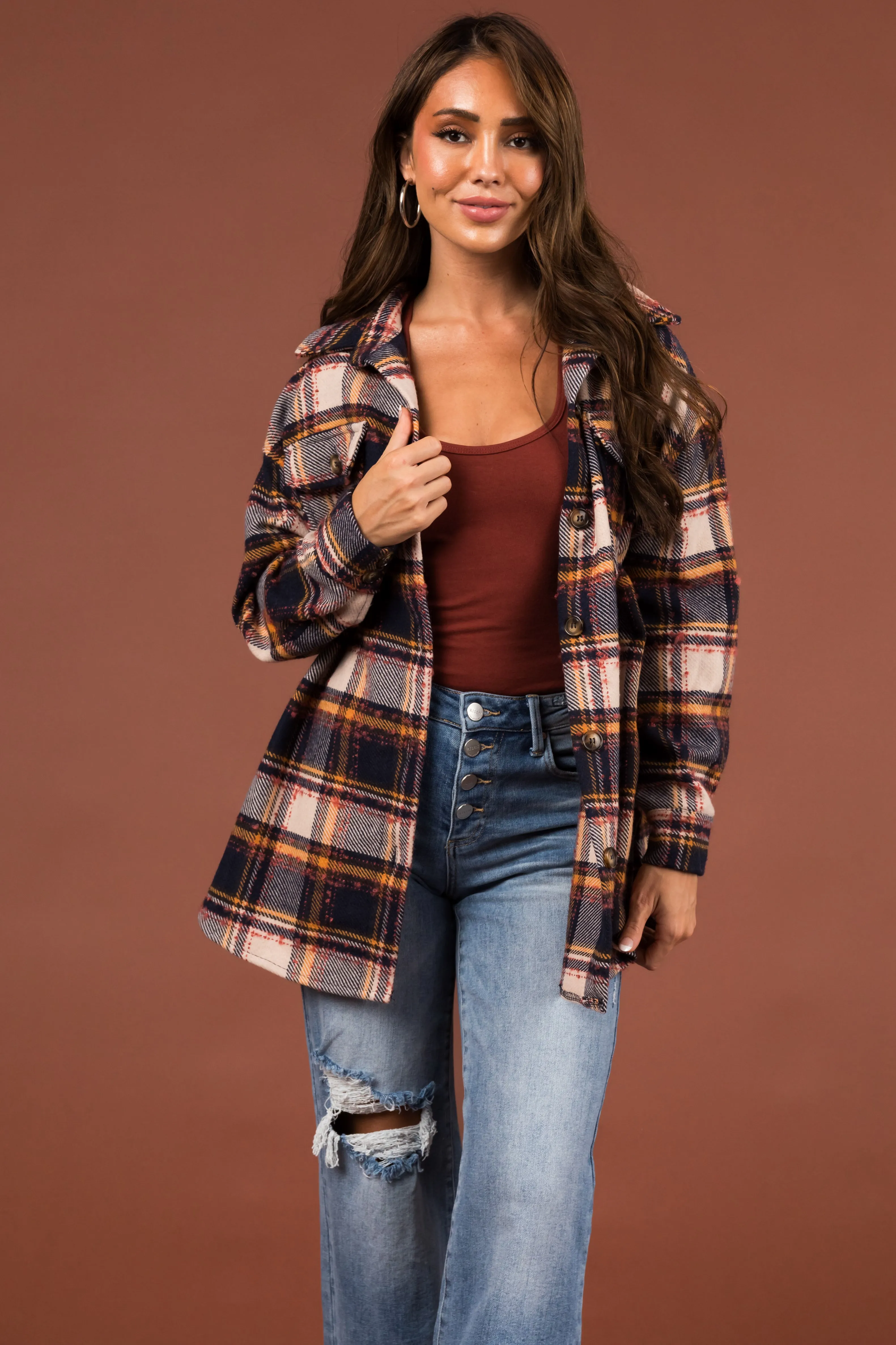 Navy and Champagne Plaid Long Sleeve Shacket sold by Lime Lush product image thumbnail 2