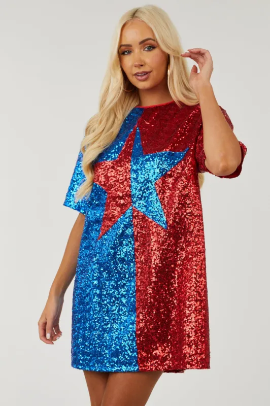 Red and Royal Blue Sequin Loose Fit Mini Dress sold by Lime Lush