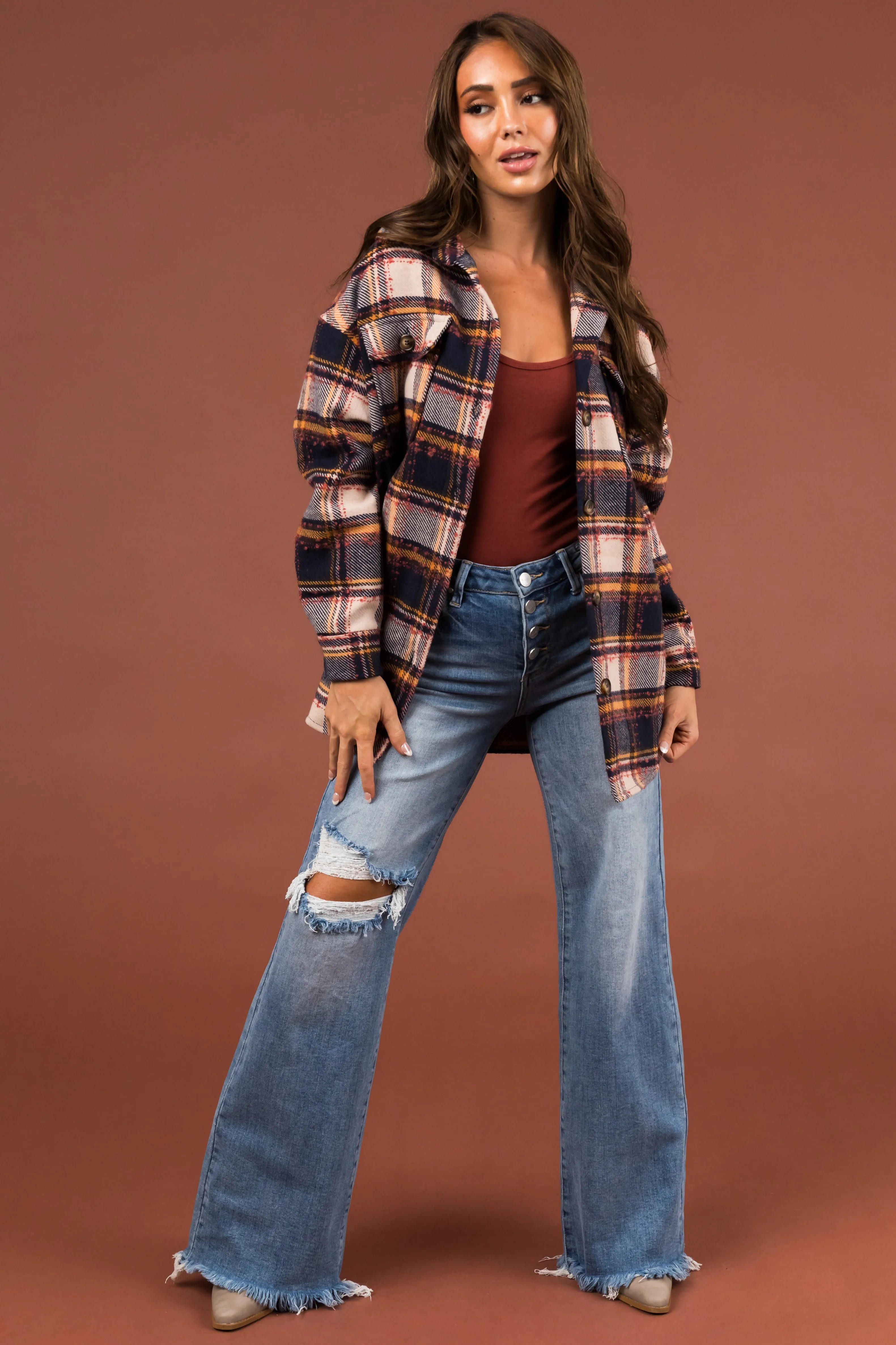 Navy and Champagne Plaid Long Sleeve Shacket sold by Lime Lush product image thumbnail 4