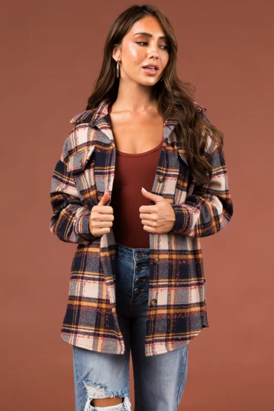 Navy and Champagne Plaid Long Sleeve Shacket sold by Lime Lush