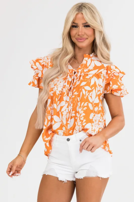 Tangerine Leaf Print Ruffle Sleeve Blouse sold by Lime Lush