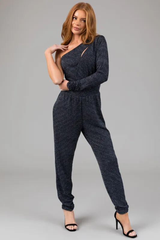 Black and Cobalt One Shoulder Sparkle Jumpsuit sold by Lime Lush
