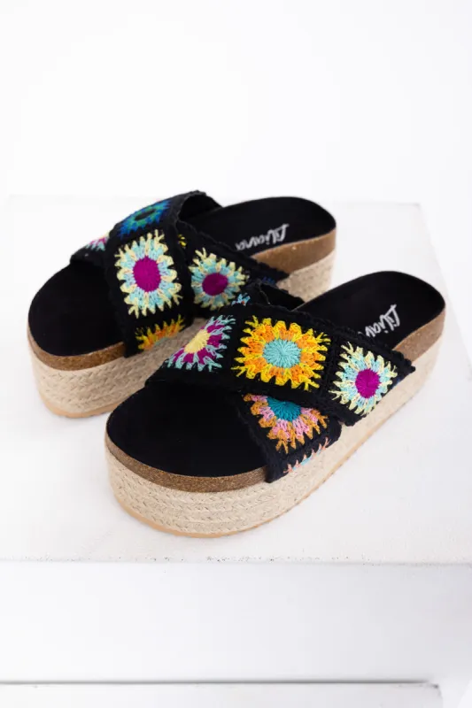 Black Multicolor Crochet Espadrille Sandals sold by Lime Lush