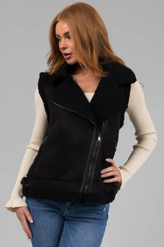 Black Suede and Faux Fur Slant Zipper Vest sold by Lime Lush