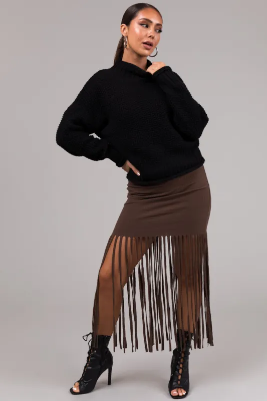 She+Sky Coffee Fringe Elastic Waist Maxi Skirt sold by Lime Lush