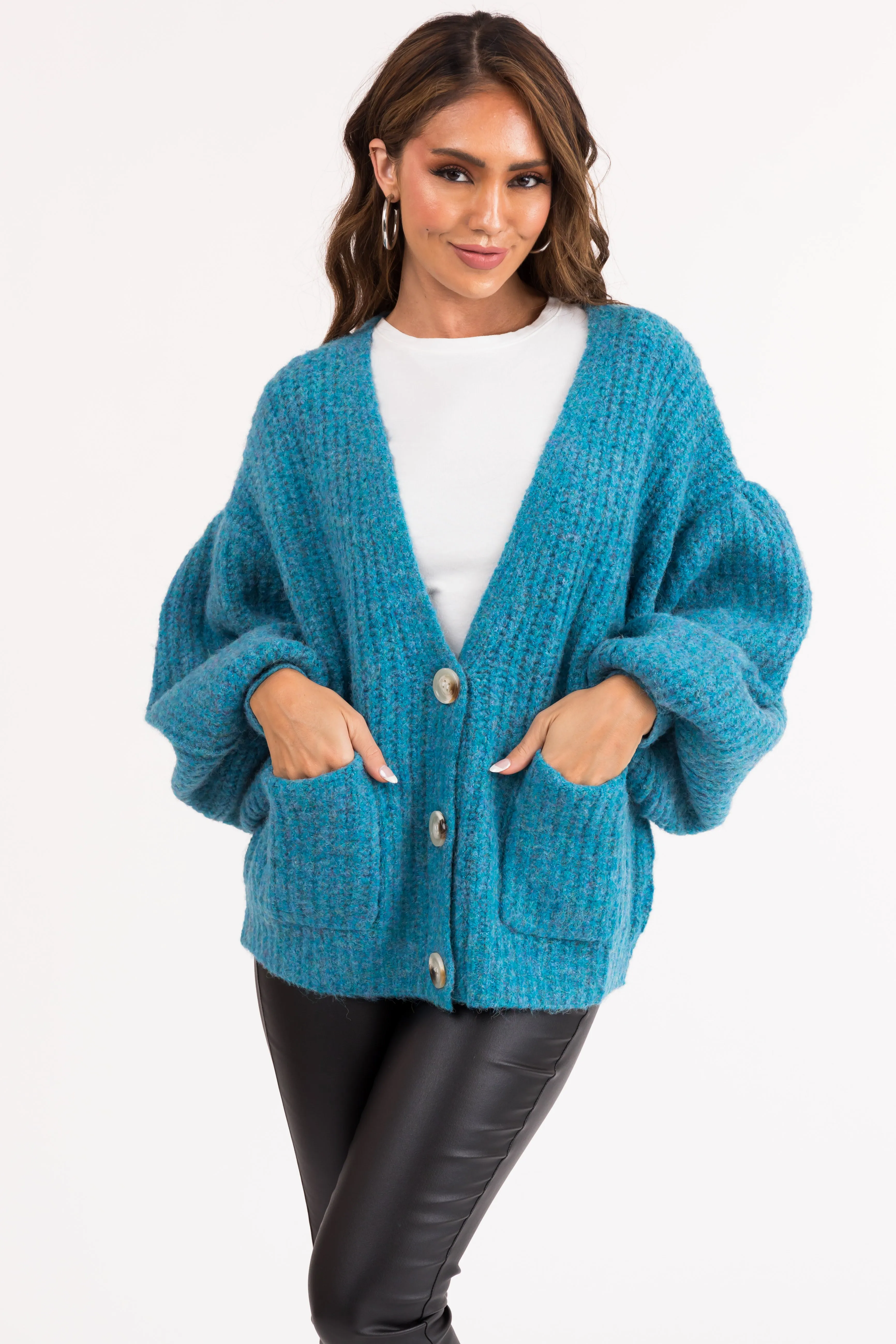 Azure Button Up V Neck Long Sleeve Cardigan sold by Lime Lush product image thumbnail 2