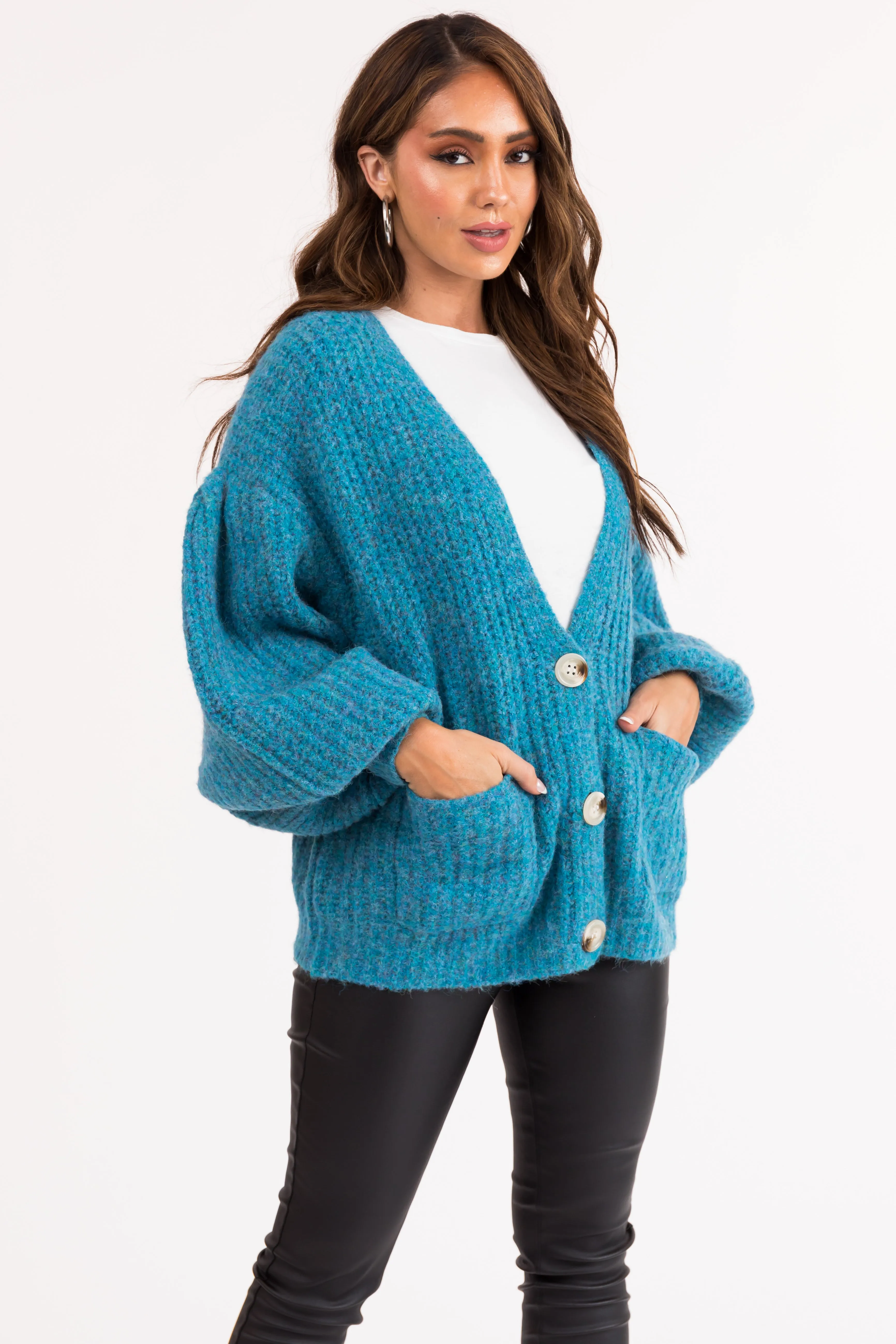 Azure Button Up V Neck Long Sleeve Cardigan sold by Lime Lush product image thumbnail 4