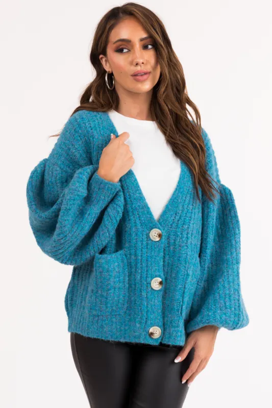 Azure Button Up V Neck Long Sleeve Cardigan sold by Lime Lush