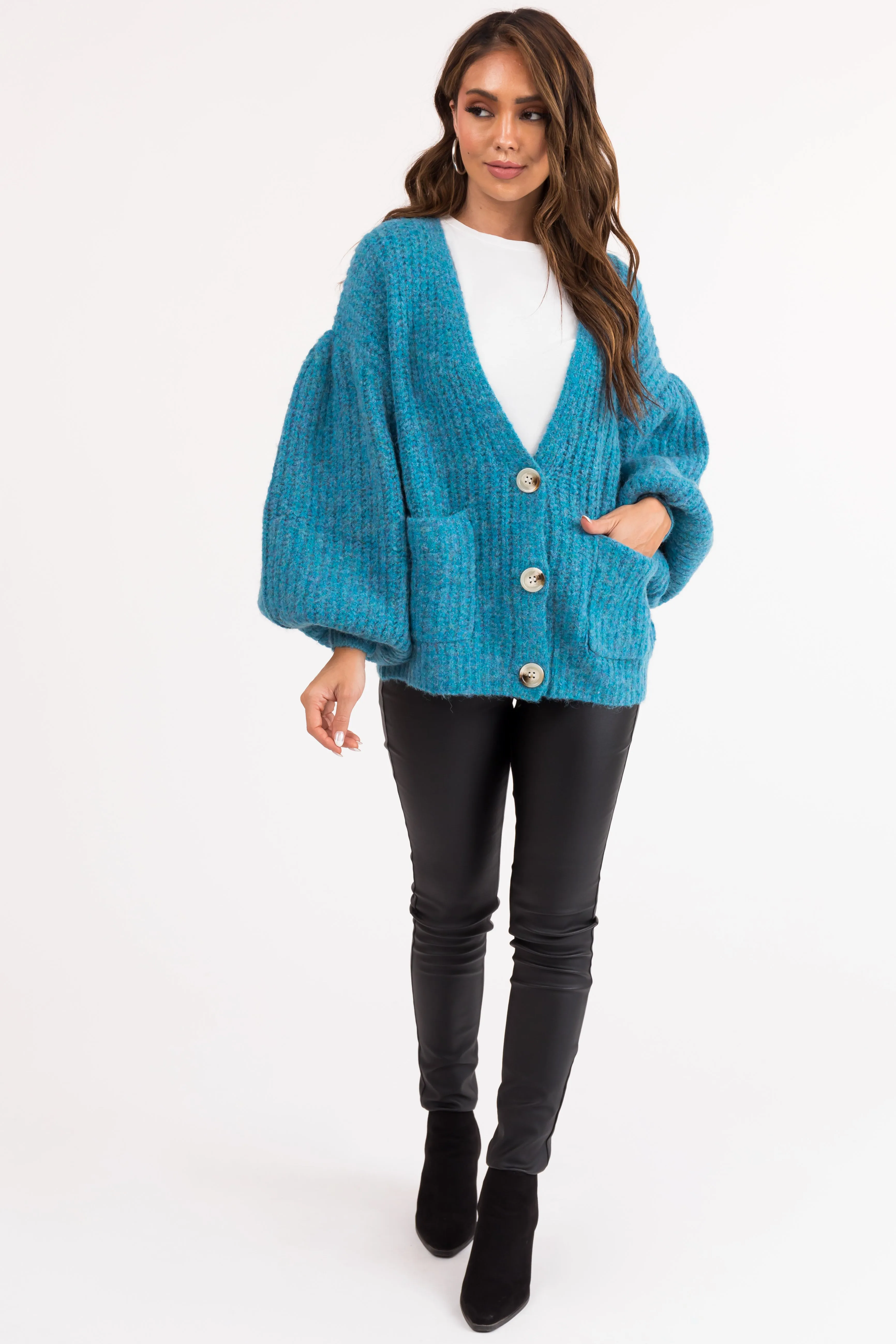 Azure Button Up V Neck Long Sleeve Cardigan sold by Lime Lush product image thumbnail 3