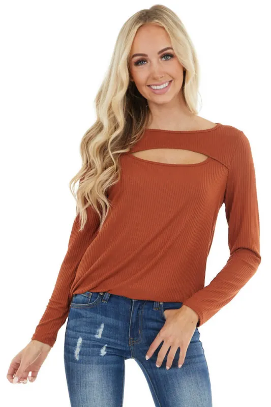 Terracotta Soft Ribbed Long Sleeve Top with Neckline Cutout sold by Lime Lush