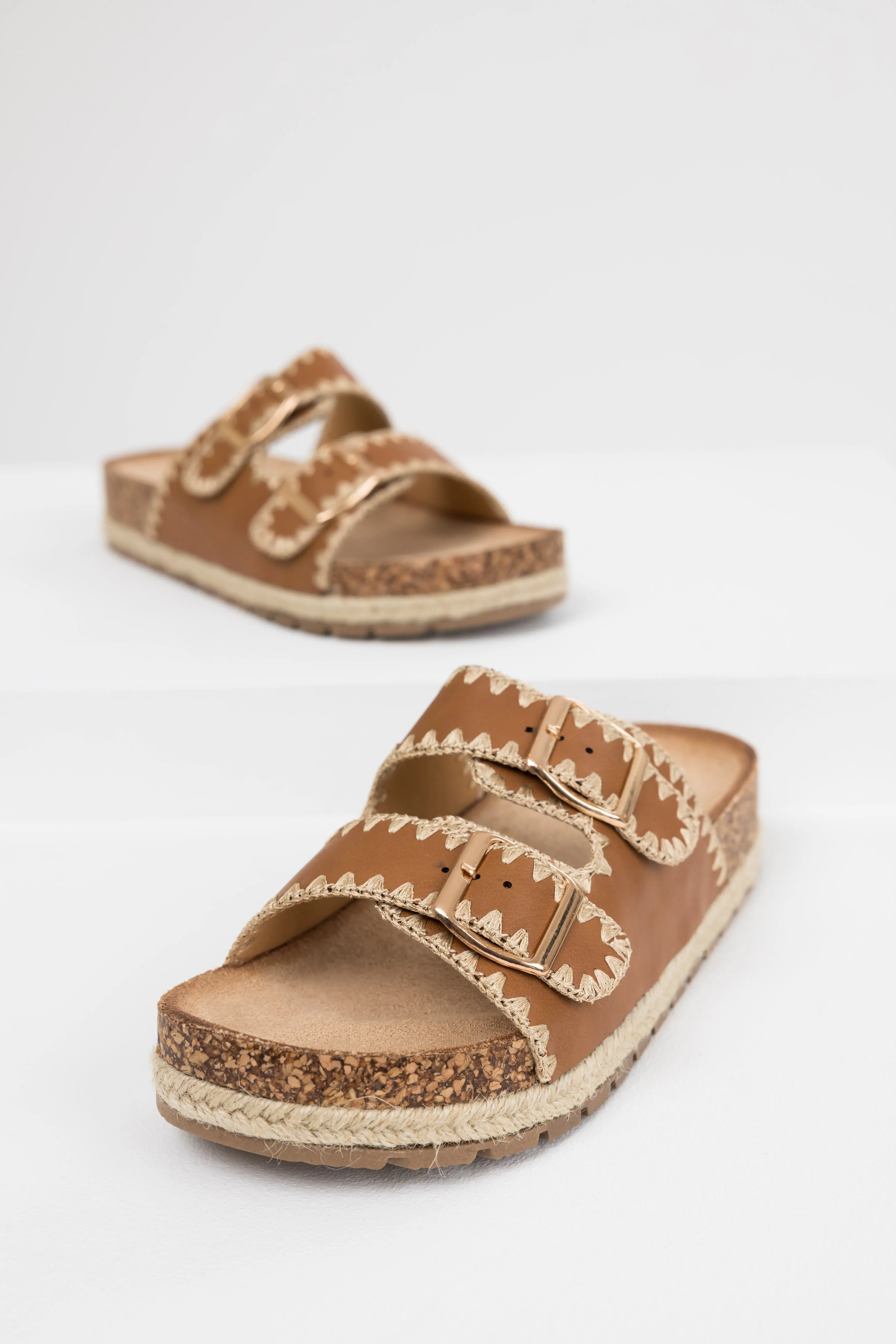 Cognac Thread Trim Buckle Cork Slide Sandals sold by Lime Lush