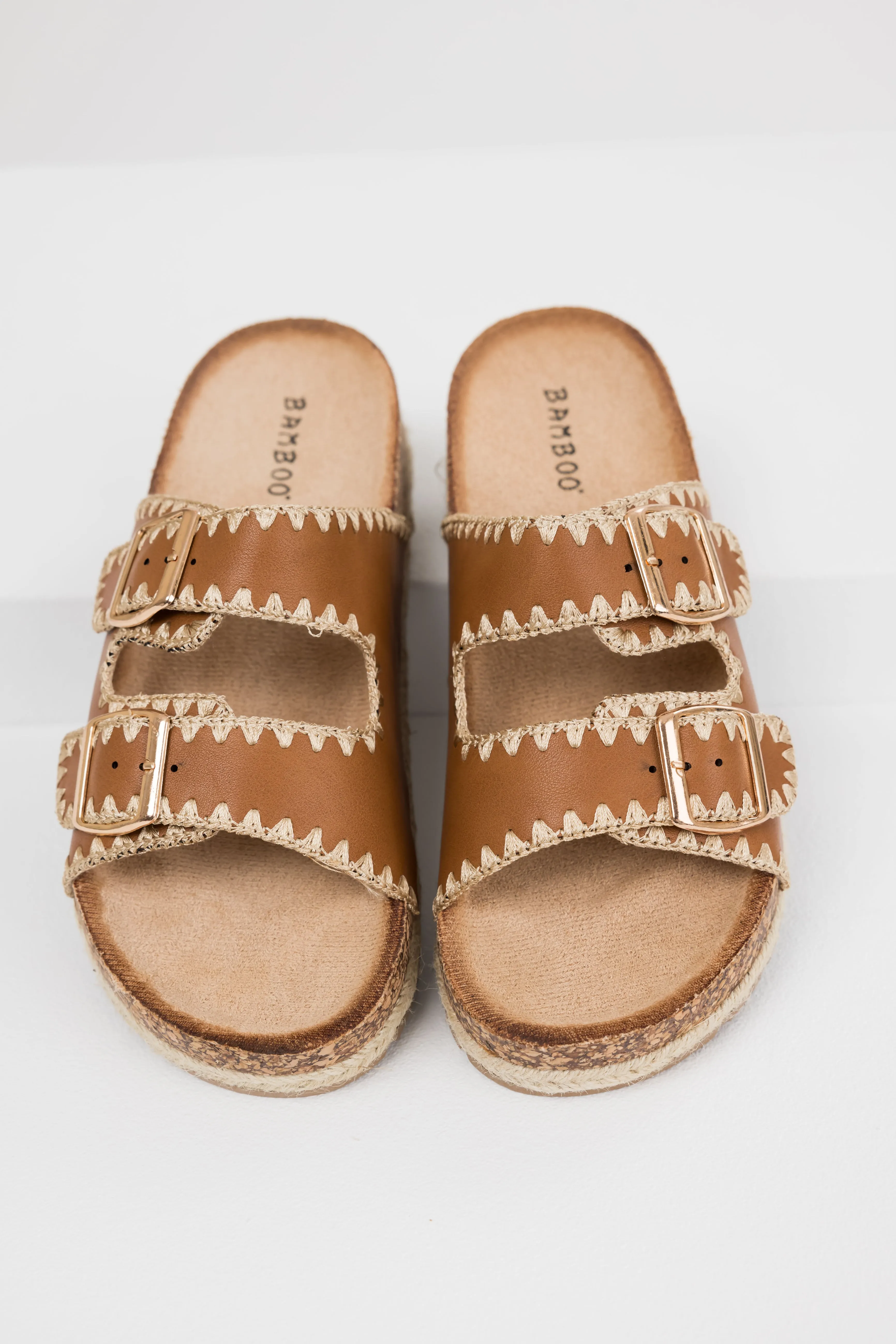 Cognac Thread Trim Buckle Cork Slide Sandals sold by Lime Lush product image thumbnail 2